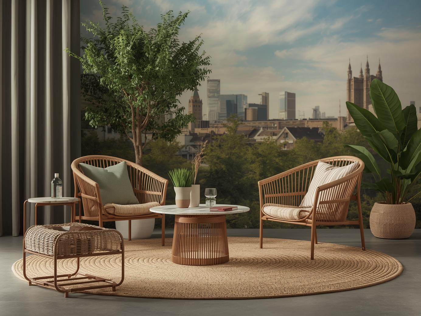 Eco-inspired lounge with city skyline view